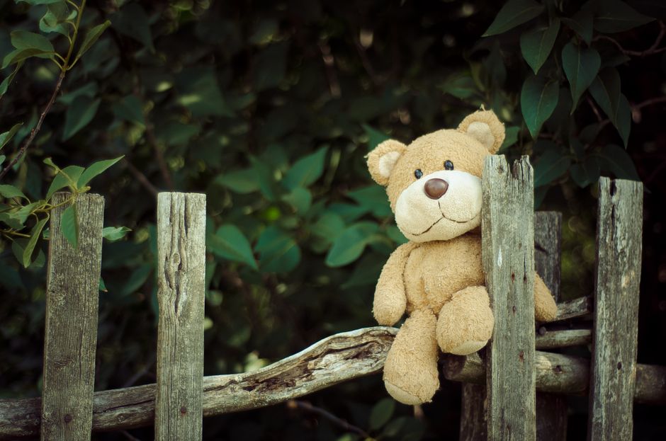 A lone teddy bear sits on a dusty, unfinished wooden floor, representing a child's disrupted sense of security amidst a home repair crisis.